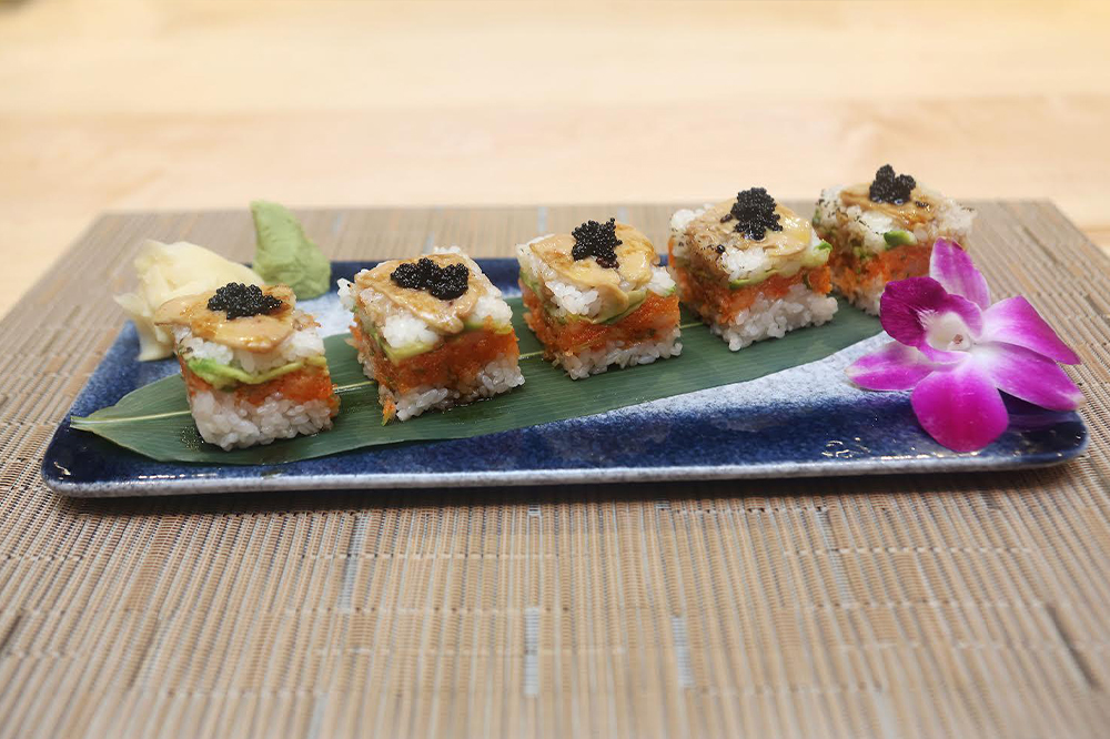 Crispy spicy sushi bites topped with caviar