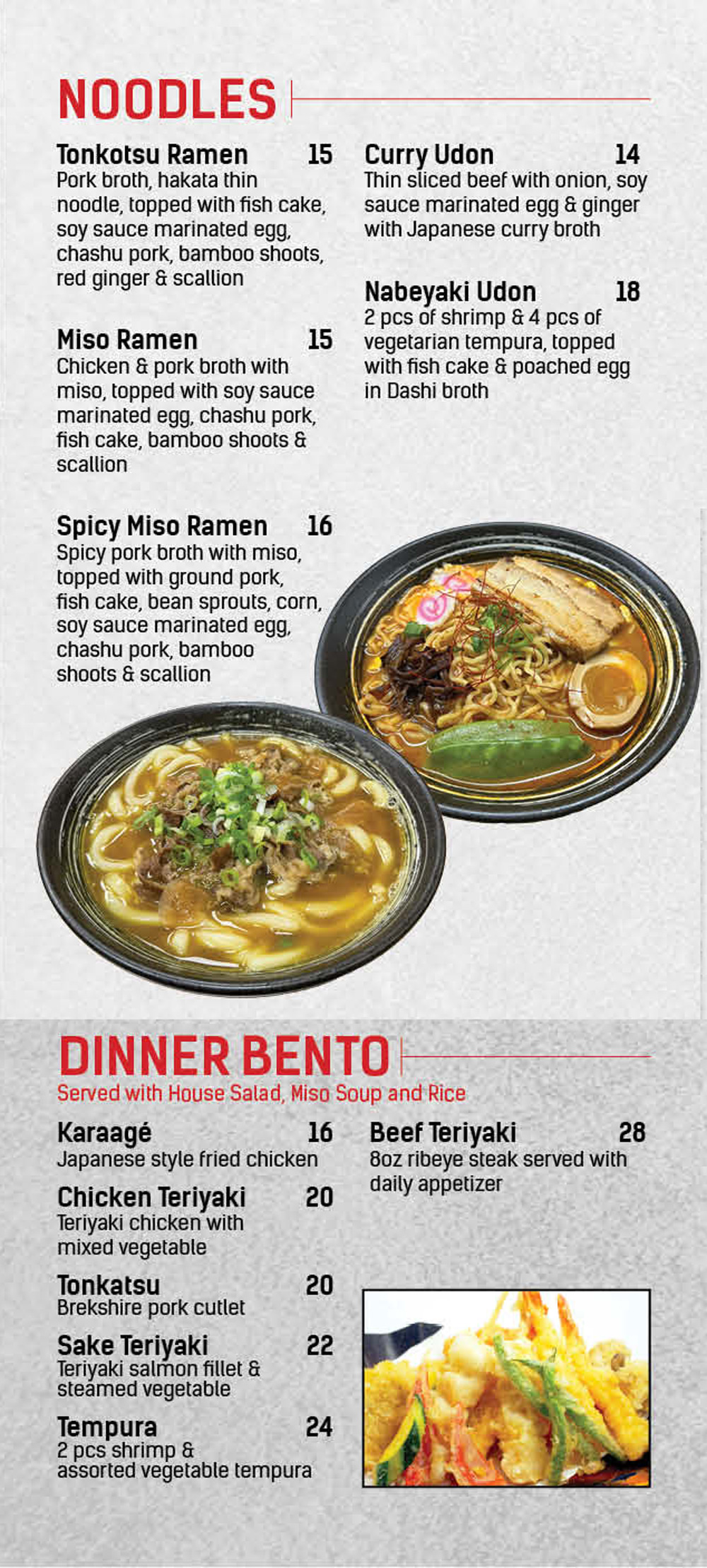 Dinner Bento & Noodles Menu