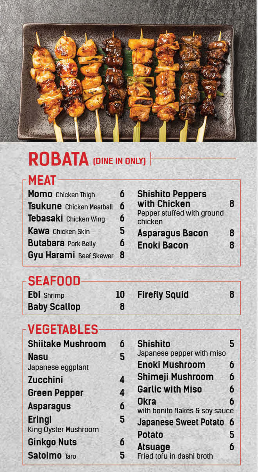 Robata (Dine In Only) Menu